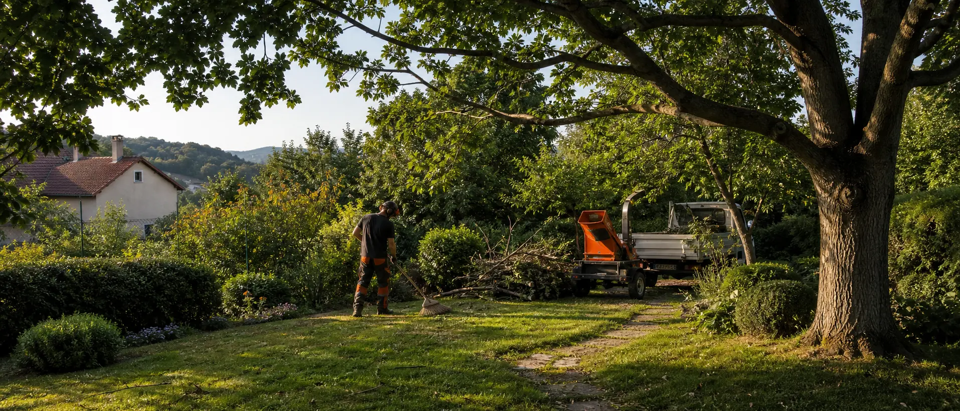 Fin d'un chantier d'élagage avec terrain nettoyé et broyeur prêt à repartir