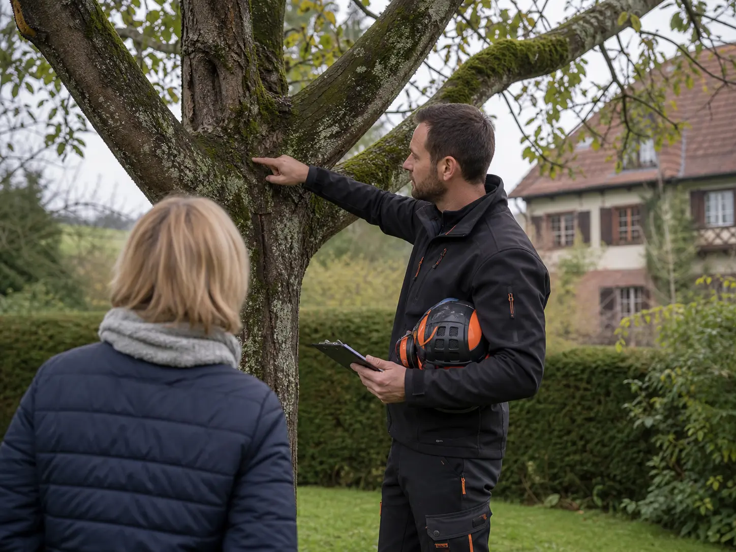 Stéphane examine un arbre avec un propriétaire avant le devis