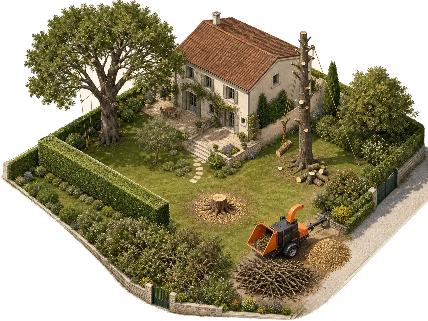 Vue isométrique d'un jardin avec travaux d'élagage, abattage, dessouchage, taille de haie, débroussaillage et broyage
